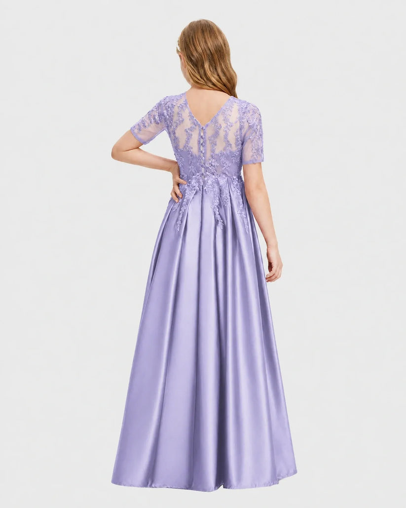 Lavender Satin A-line Junior Bridesmaid Dress Back View