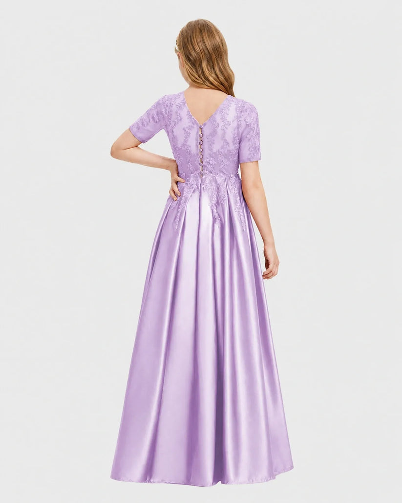 Lilac Satin A-line Junior Bridesmaid Dress Back View