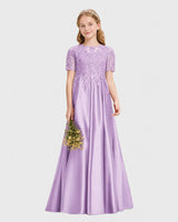 Lilac Satin A-line Junior Bridesmaid Dress Front View