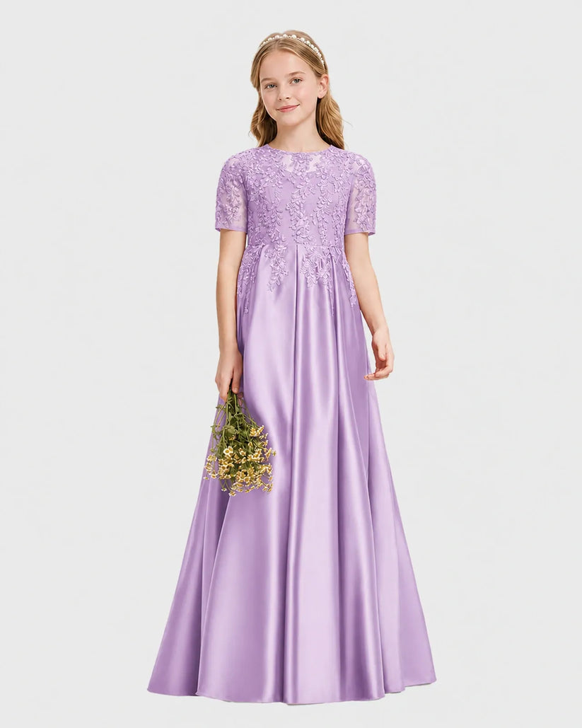 Lilac Satin A-line Junior Bridesmaid Dress Front View