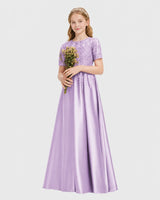 Lilac Satin A-line Junior Bridesmaid Dress Front View