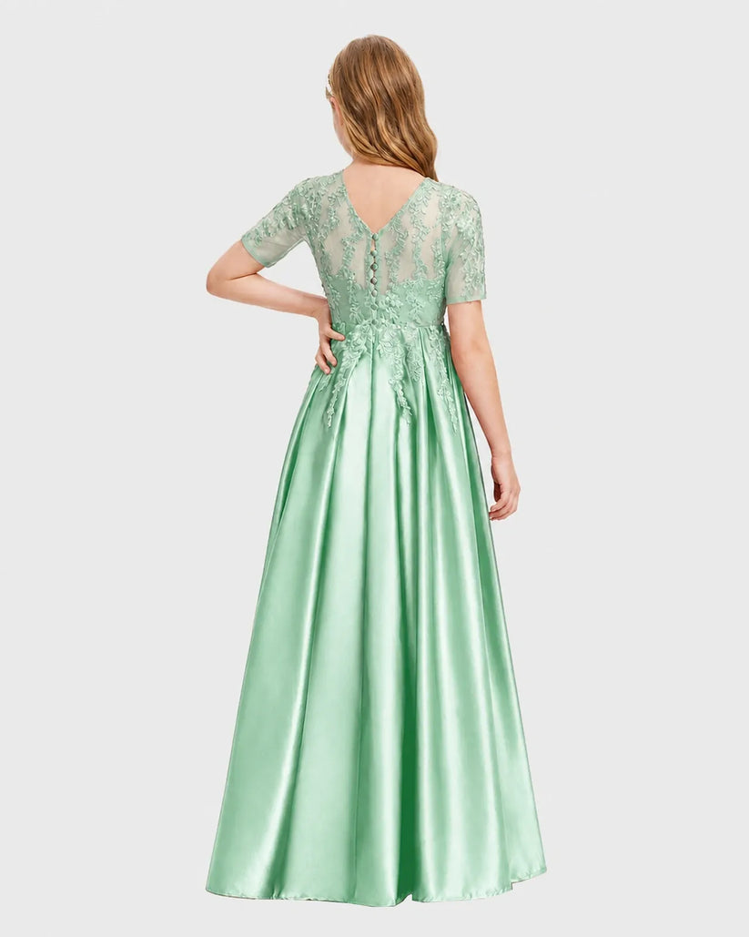 Mint Green Satin A-line Junior Bridesmaid Dress Back View