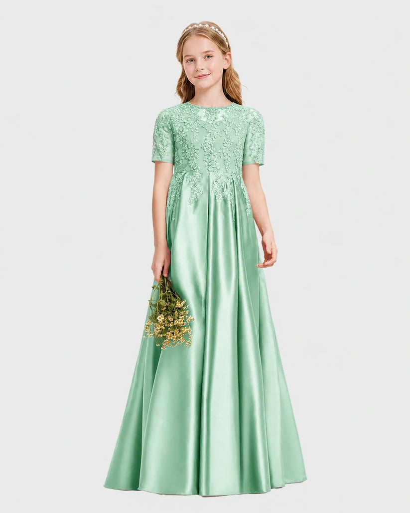 Mint Green Satin A-line Junior Bridesmaid Dress Front View