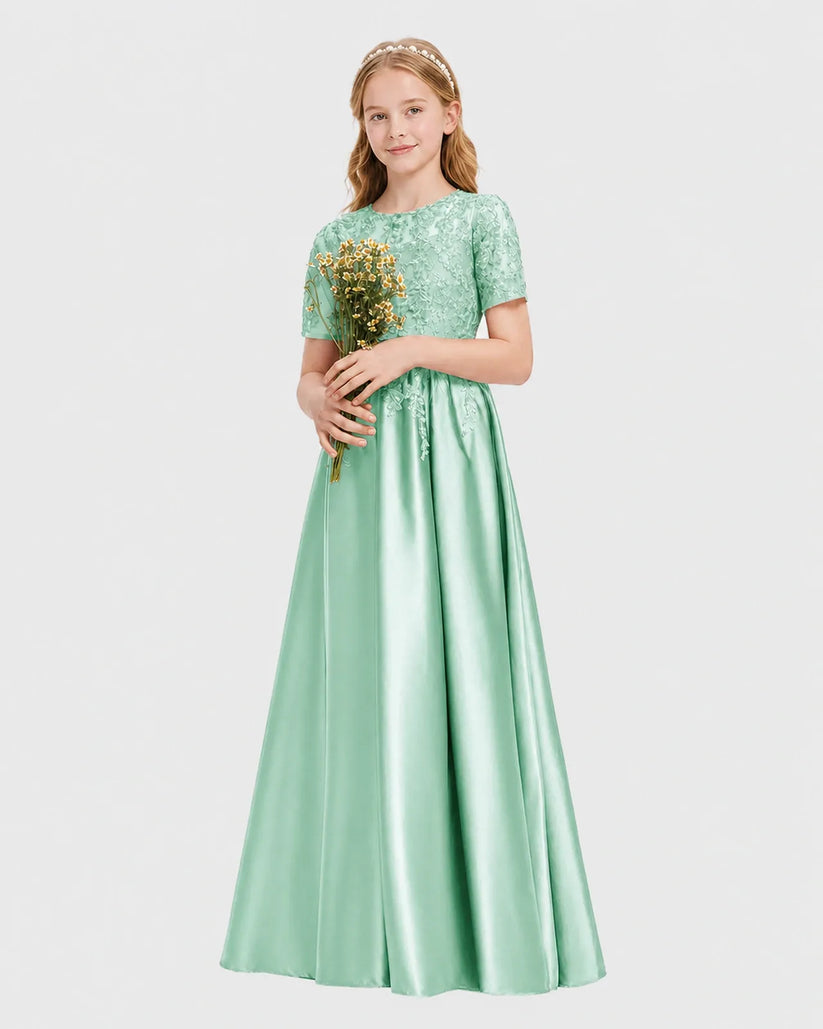 Mint Green Satin A-line Junior Bridesmaid Dress Front View
