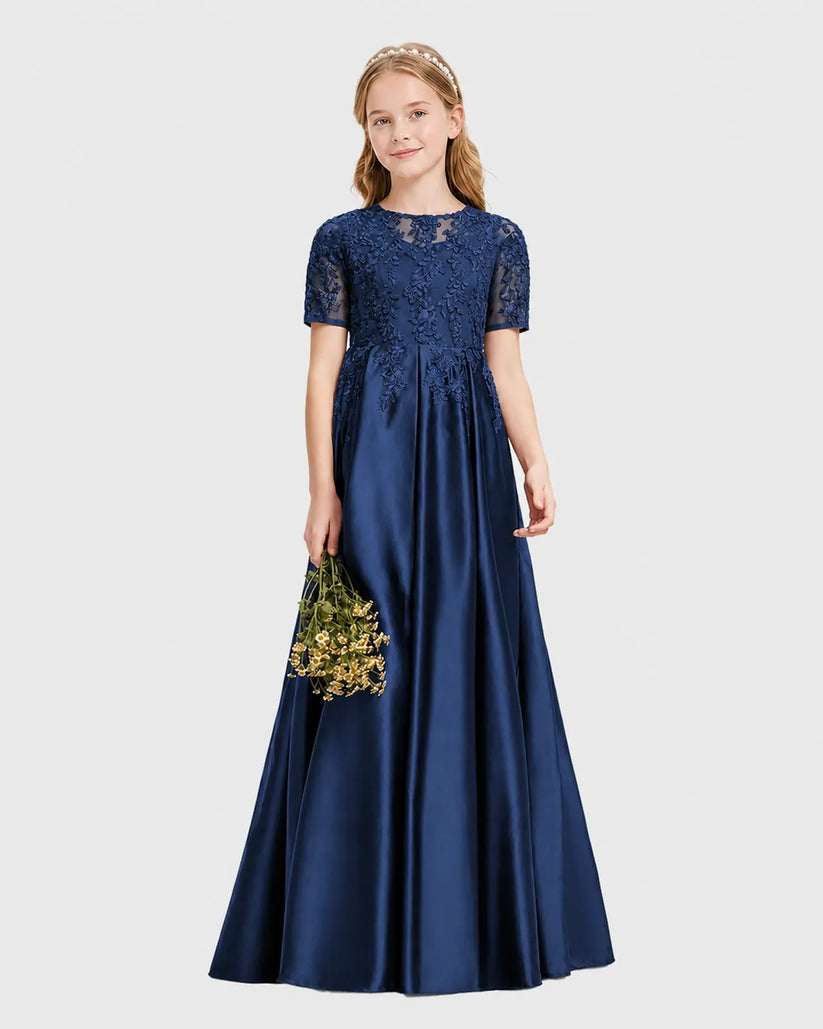 Navy Blue Satin A-line Junior Bridesmaid Dress Front View