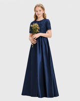 Navy Blue Satin A-line Junior Bridesmaid Dress Front View