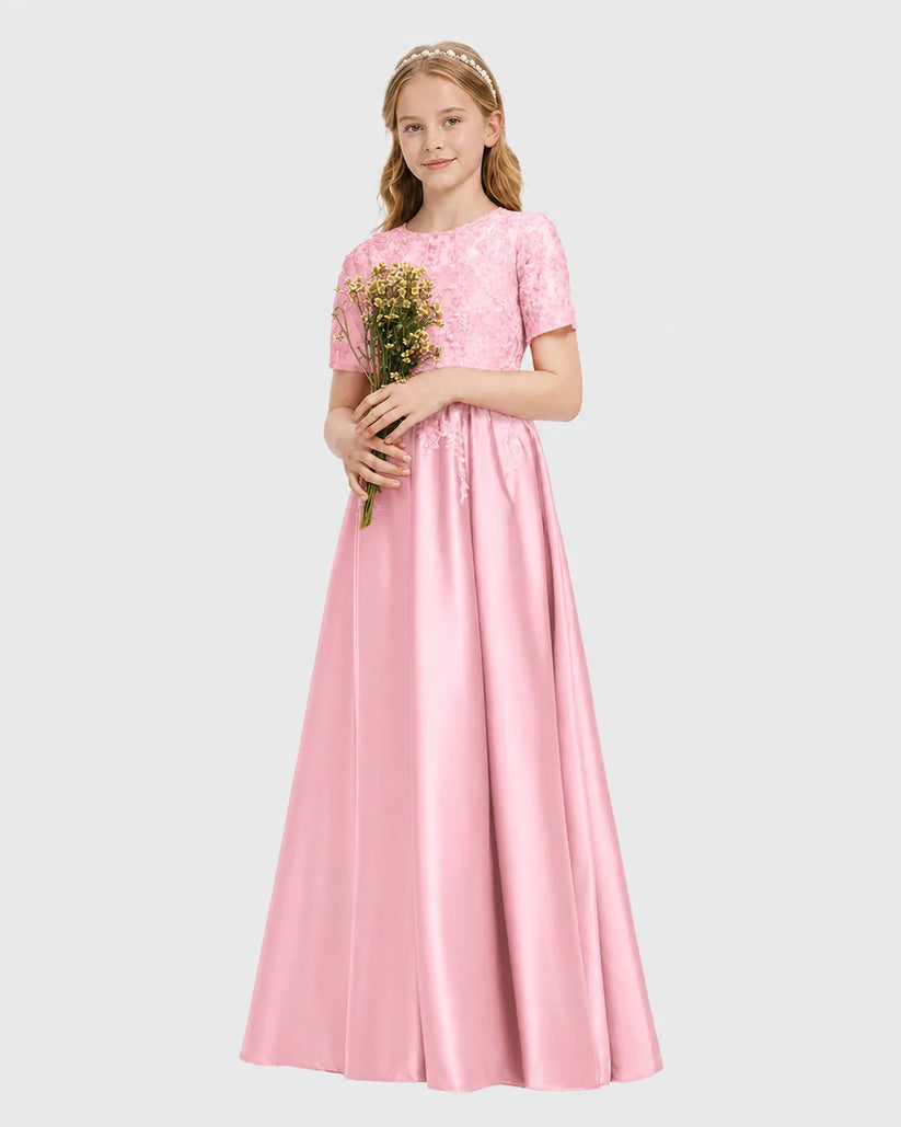 Pink Satin A-line Junior Bridesmaid Dress Front View