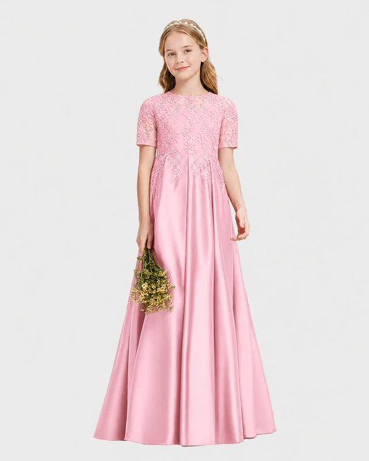 Pink Satin A-line Junior Bridesmaid Dress Front View