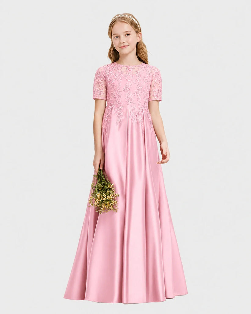 Pink Satin A-line Junior Bridesmaid Dress Front View