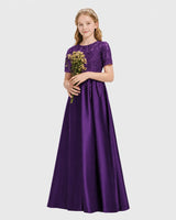 Purple Satin A-line Junior Bridesmaid Dress Front View