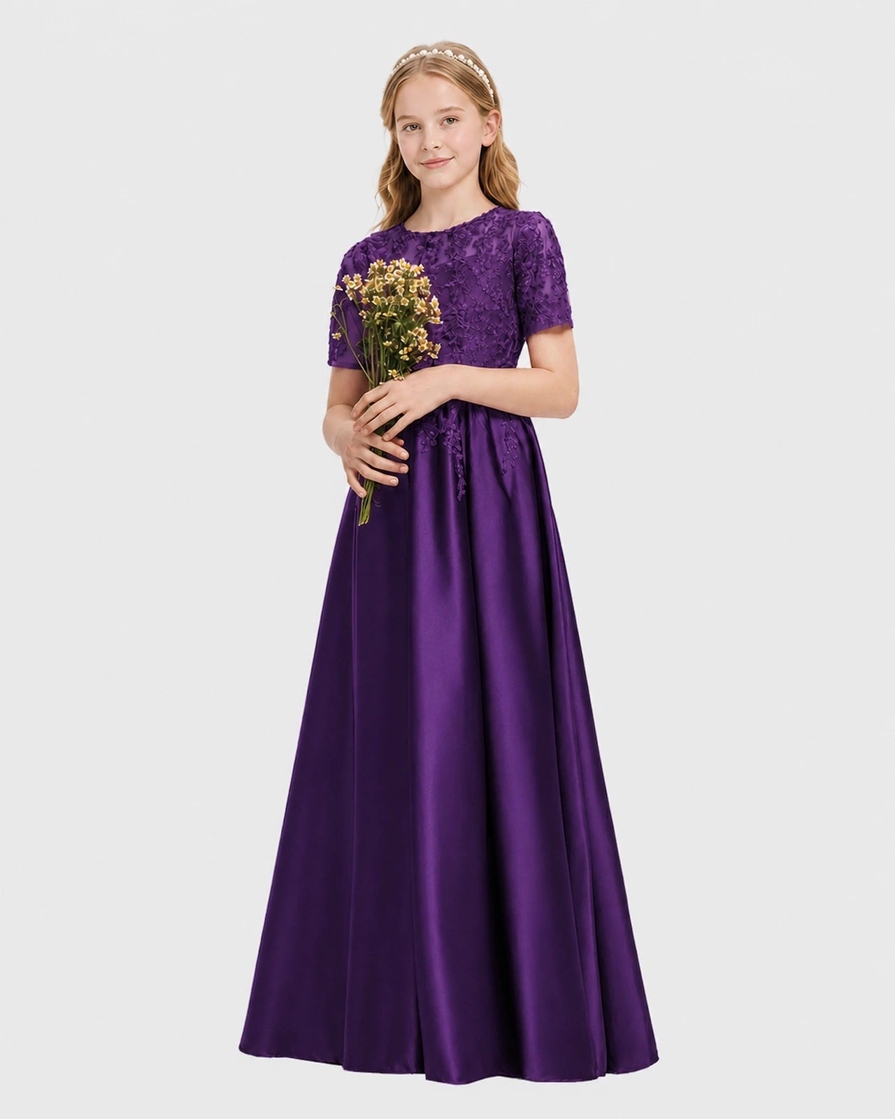 Purple Junior Bridesmaid Dress Illusion Neck Lace Button Back Satin Maxi Gown Front View
