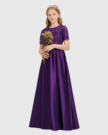 Purple Junior Bridesmaid Dress Illusion Neck Lace Button Back Satin Maxi Gown Front View
