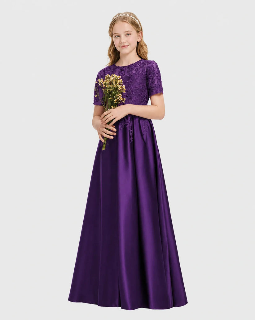 Purple Satin A-line Junior Bridesmaid Dress Front View