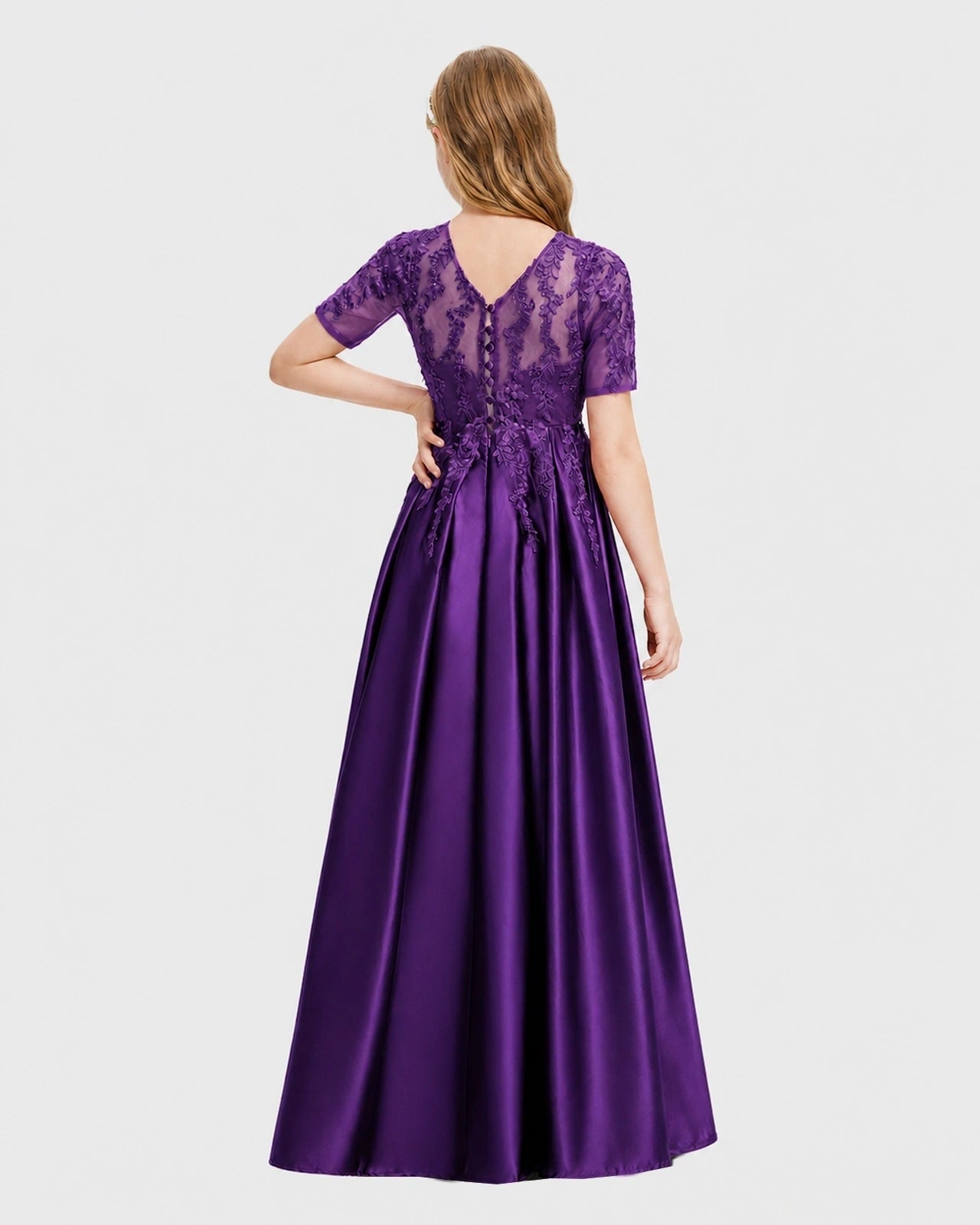 Purple Junior Bridesmaid Dress Illusion Neck Lace Button Back Satin Maxi Gown Back View
