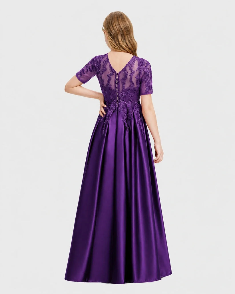 Purple Satin A-line Junior Bridesmaid Dress Back View