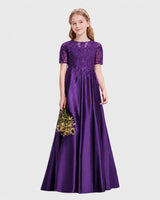 Purple Satin A-line Junior Bridesmaid Dress Front View