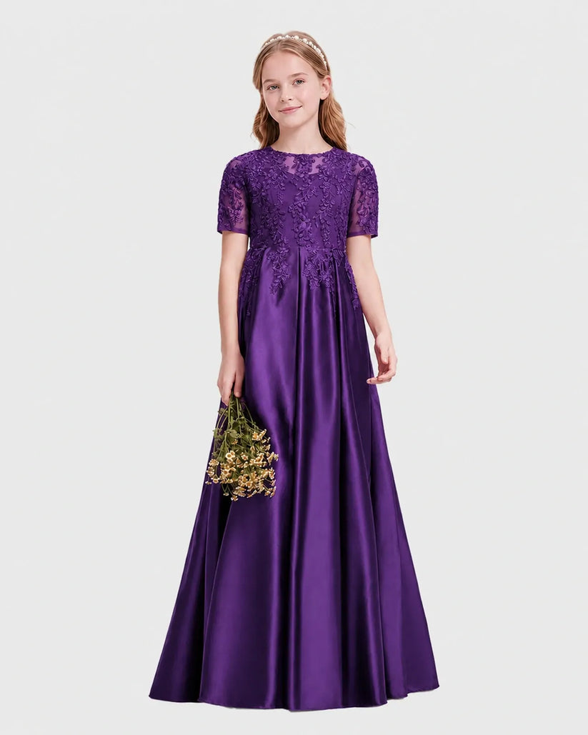Purple Satin A-line Junior Bridesmaid Dress Front View