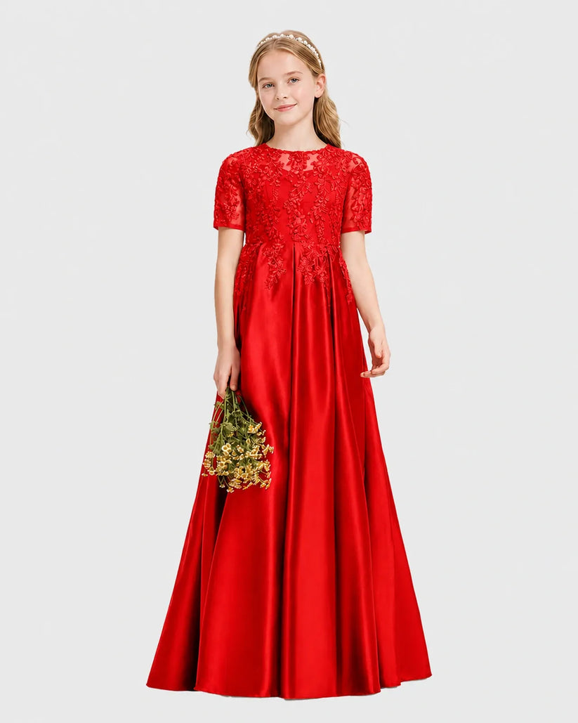 Red Satin A-line Junior Bridesmaid Dress Front View