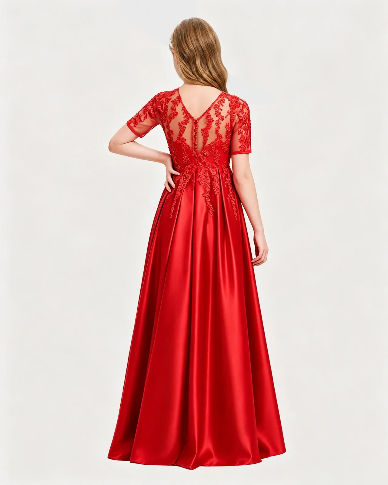 Burgundy Junior Bridesmaid Dress | Lace Bodice Back Button Satin Floor-Length Gown