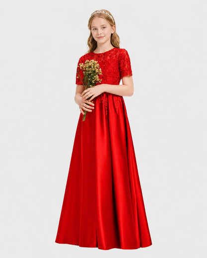 Red Junior Bridesmaid Dress Illusion Neck Lace Button Back Satin Maxi Gown Front View