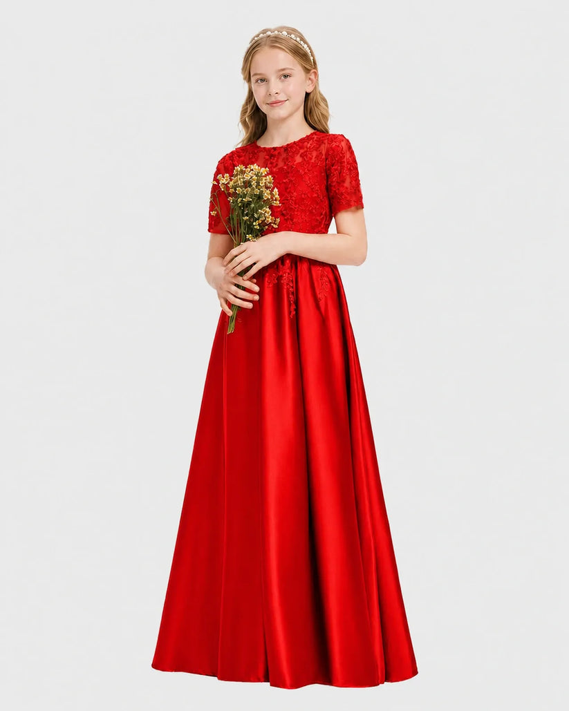 Red Satin A-line Junior Bridesmaid Dress Front View