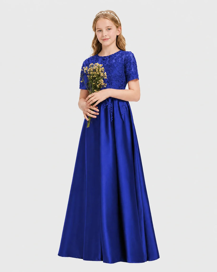 Royal Blue Satin A-line Junior Bridesmaid Dress Front View