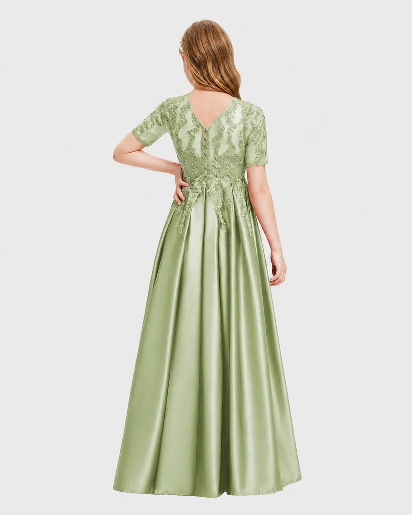 Sage Green Satin A-line Junior Bridesmaid Dress Back View