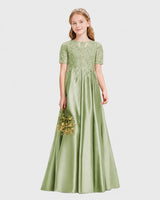 Sage Green Lace A-line Junior Bridesmaid Dress Front View