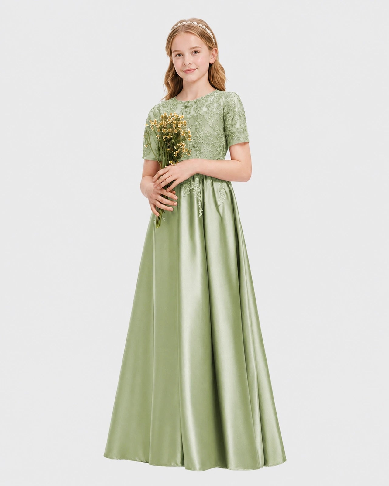 Sage Green Junior Bridesmaid Dress Illusion Neck Lace Button Back Satin Maxi Gown Front View