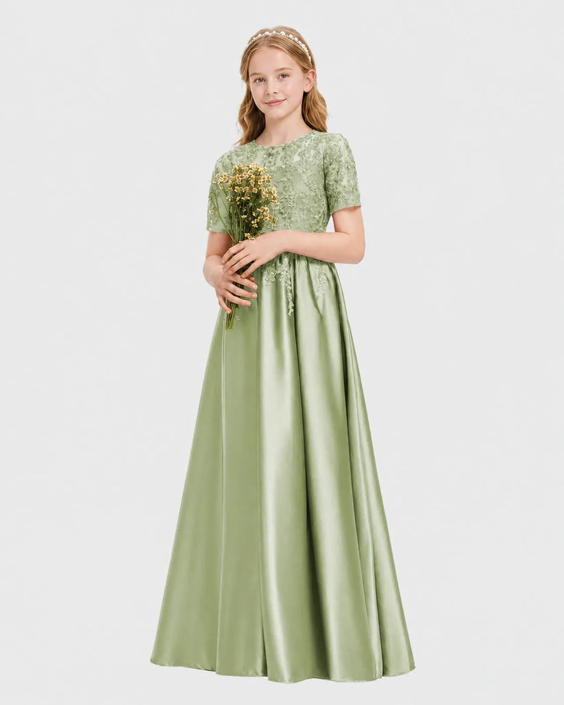 Sage Green Satin A-line Junior Bridesmaid Dress Front View