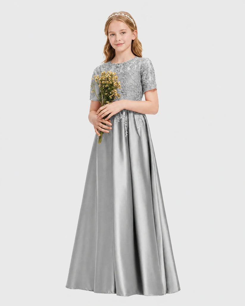 Silver Satin A-line Junior Bridesmaid Dress Front View