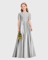 Silver Satin A-line Junior Bridesmaid Dress Front View