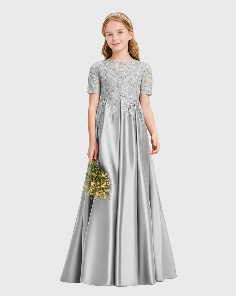 Silver Satin A-line Junior Bridesmaid Dress Front View