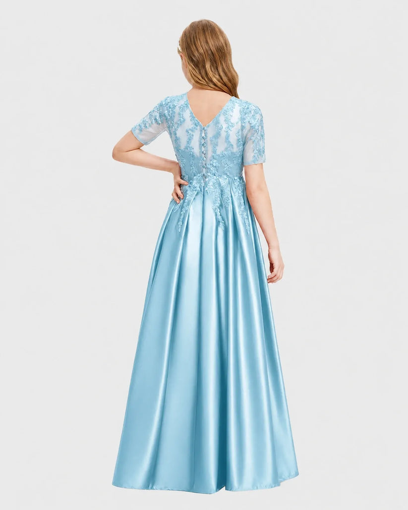 Sky Blue Satin A-line Junior Bridesmaid Dress Back View