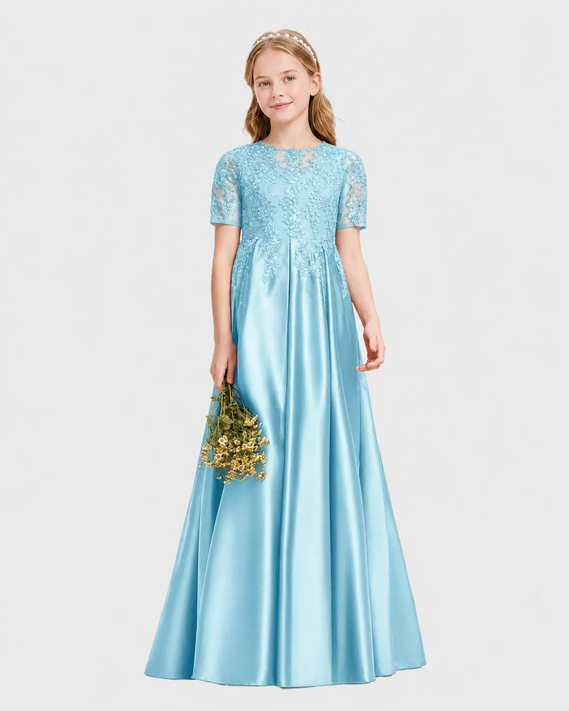 Sky Blue Satin A-line Junior Bridesmaid Dress Front View