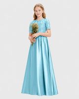 Sky Blue Satin A-line Junior Bridesmaid Dress Front View