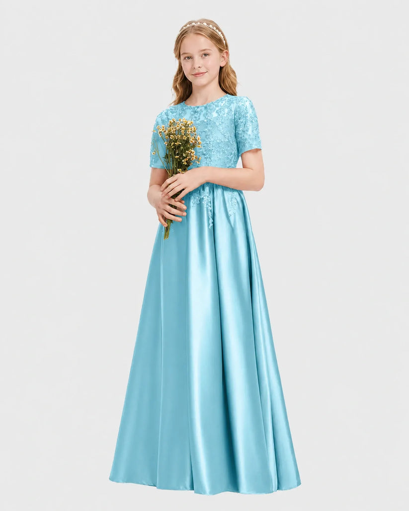 Sky Blue Satin A-line Junior Bridesmaid Dress Front View
