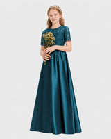 Teal Satin A-line Junior Bridesmaid Dress Front View