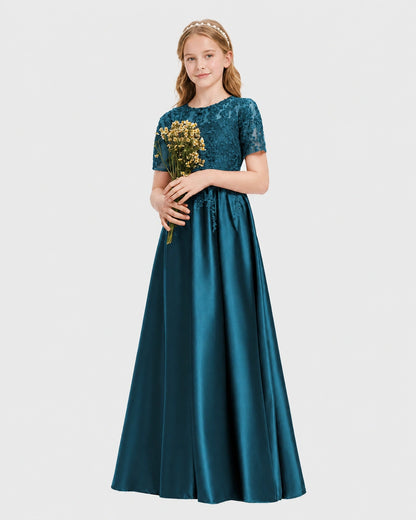 Teal Junior Bridesmaid Dress Illusion Neck Lace Button Back Satin Maxi Gown Front View
