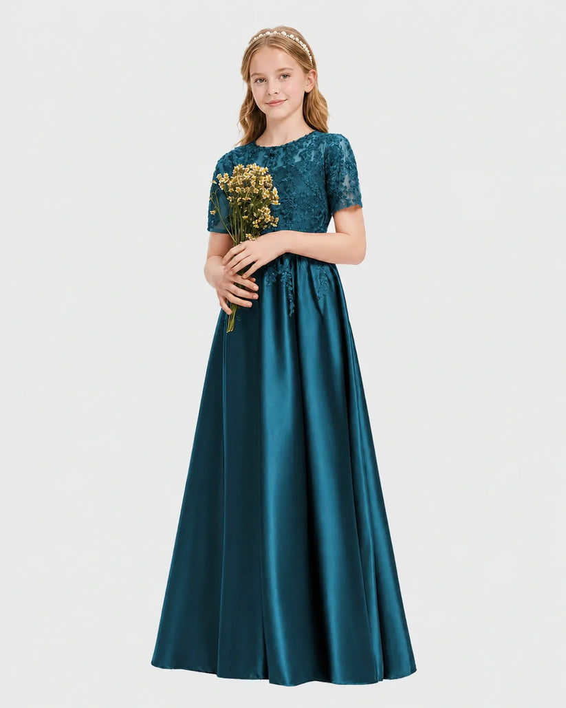 Teal Satin A-line Junior Bridesmaid Dress Front View