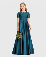 Teal Lace Satin A-line Junior Bridesmaid Dress Front View