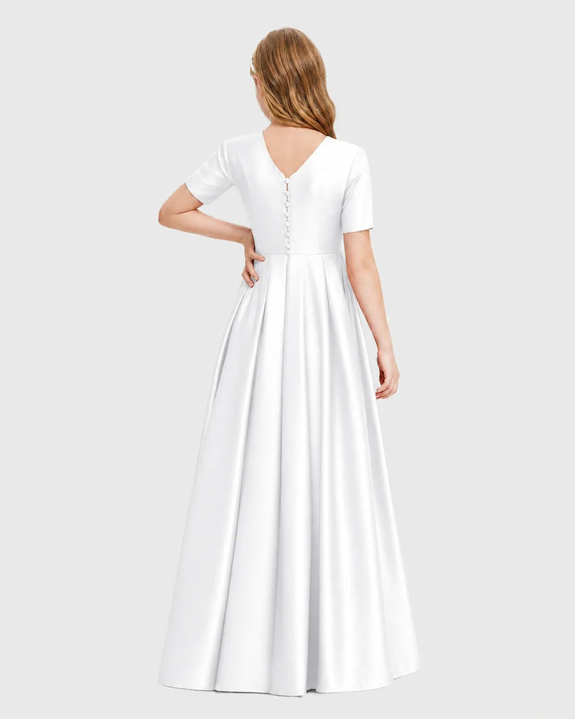White Satin A-line Junior Bridesmaid Dress Back View