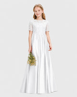 White Satin A-line Junior Bridesmaid Dress Front View