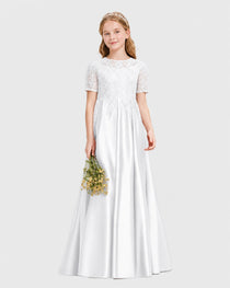 White Junior Bridesmaid Dress Illusion Neck Lace Button Back Satin Maxi Gown Front View