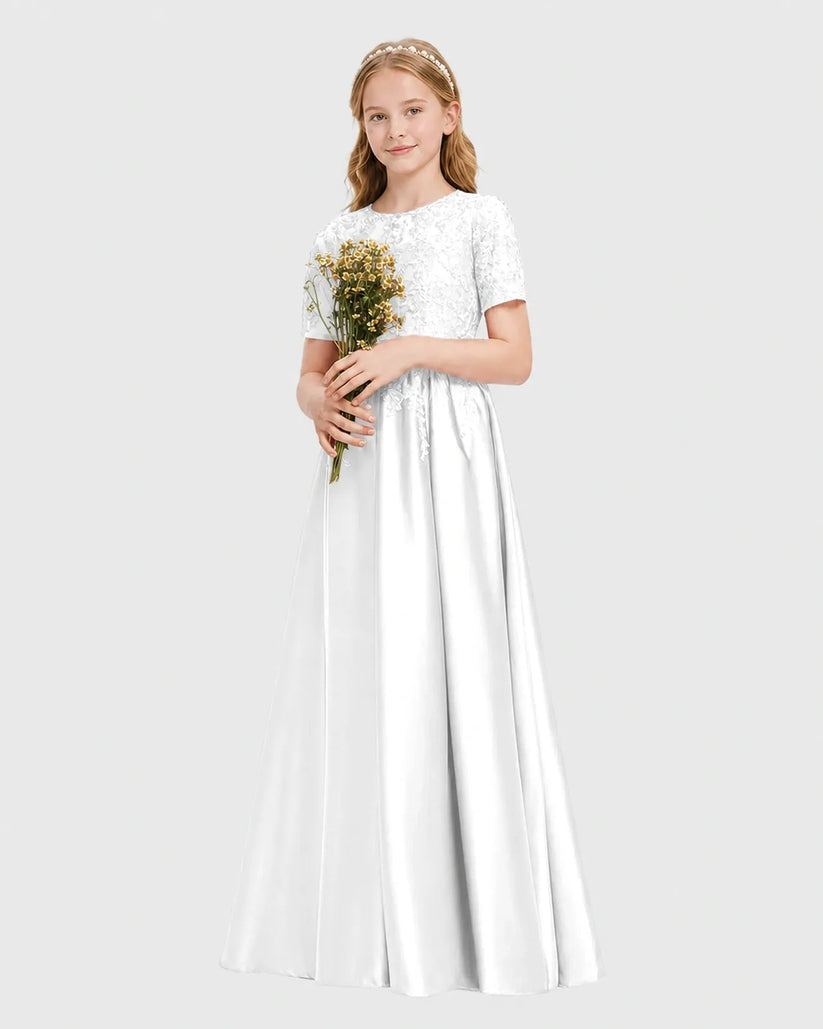 White Satin A-line Junior Bridesmaid Dress Front View
