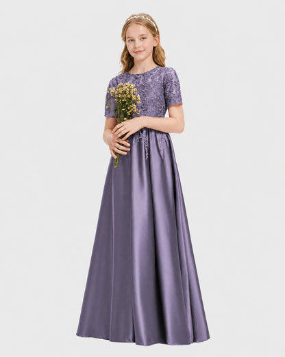 Wisteria Junior Bridesmaid Dress Illusion Neck Lace Button Back Satin Maxi Gown Front View