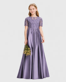 Wisteria Junior Bridesmaid Dress Illusion Neck Lace Button Back Satin Maxi Gown Front View