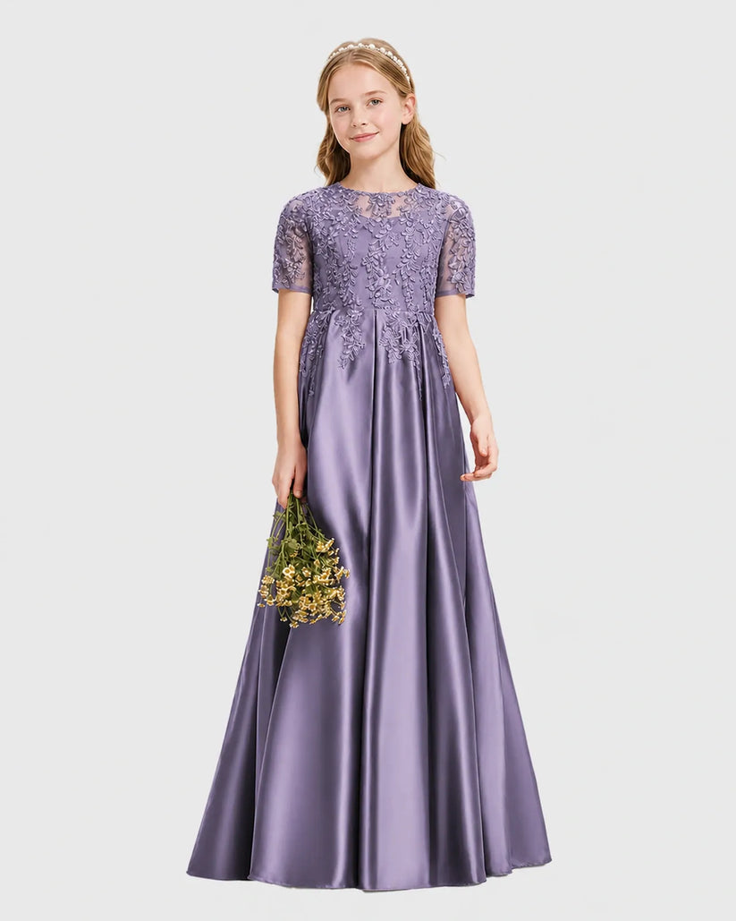 Wisteria Satin A-line Junior Bridesmaid Dress Front View