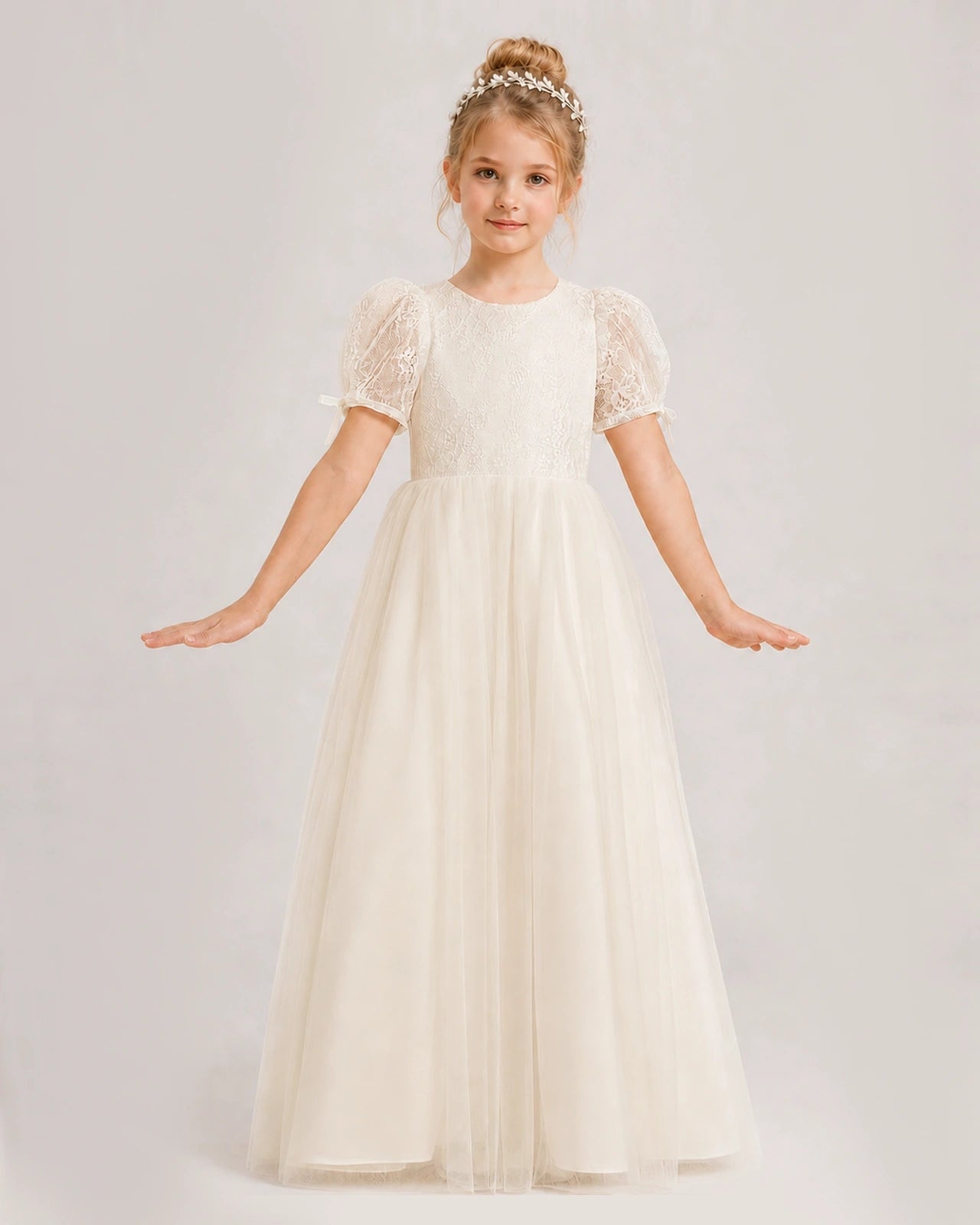 Champagne First Communion Dresses Puff Sleeve Bow Back Tulle Floor-Length Gown Front View
