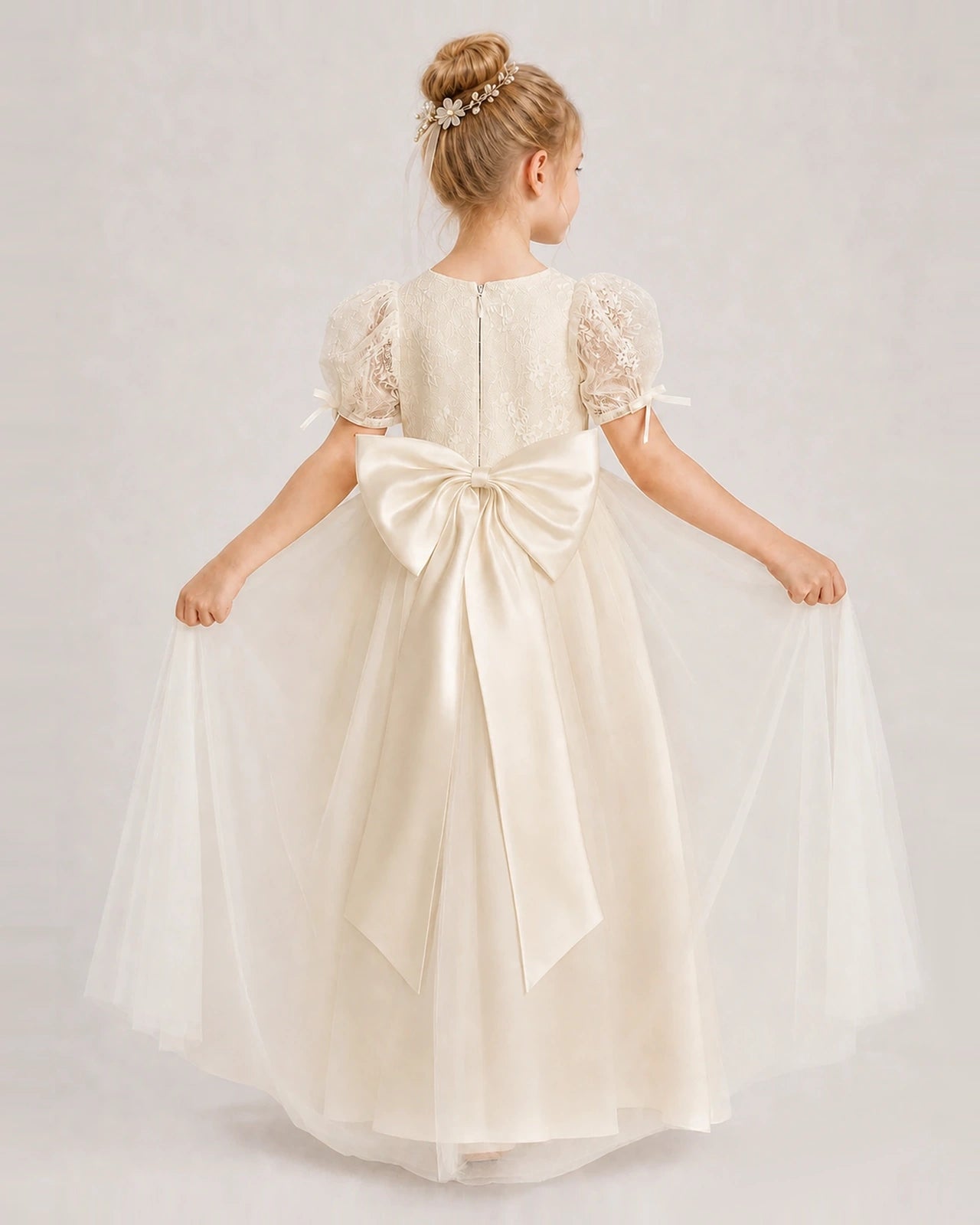 Champagne First Communion Dresses Puff Sleeve Bow Back Tulle Floor-Length Gown Back View